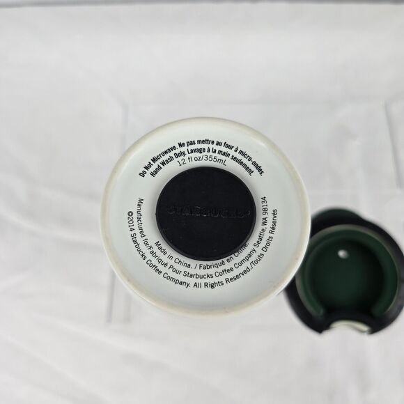 Starbucks 2014 Travel Mug Ceramic Lid White Strands Green Gold Circle Patch 12oz - Picture 2 of 9